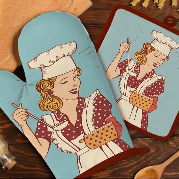 Vintage Oven Mitt & Pot Holder Set - Retro Woman Design, Heat Resistant, Decor - Picture 12 of 13